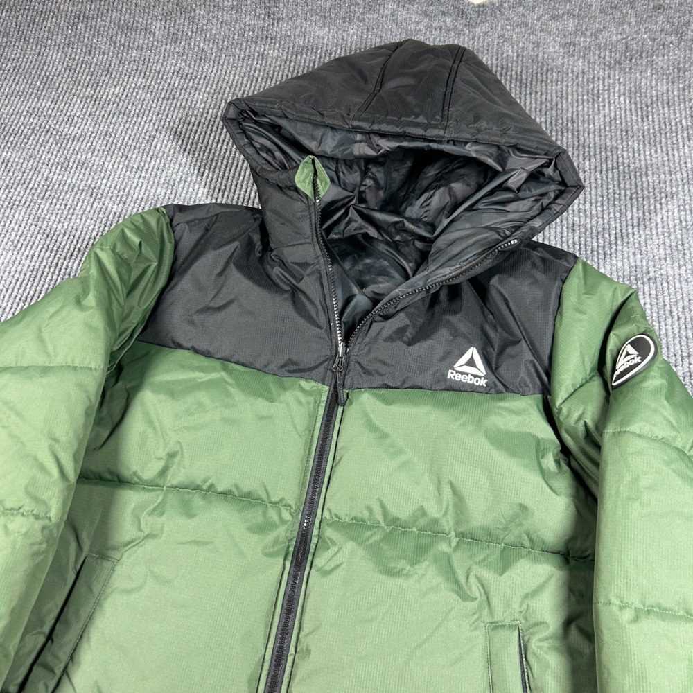 Reebok Jacket Men's L Reversible Puffer Green Black Camo Hooded Winter